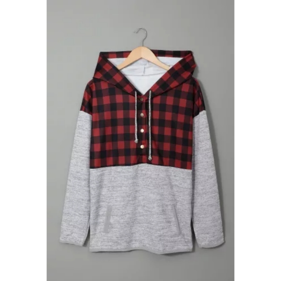 ❤LAST ONE Red Plaid Spliced Pocketed Gray Hoodie - Picture 3 of 5